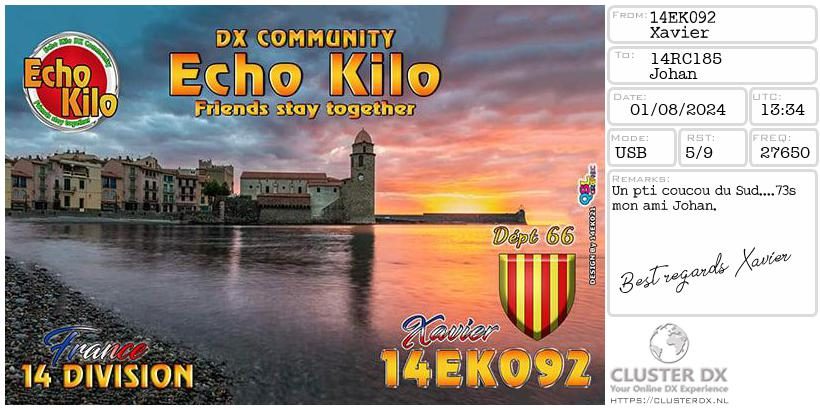 eQSL de 14EK092 XAVIER - France 🇫🇷