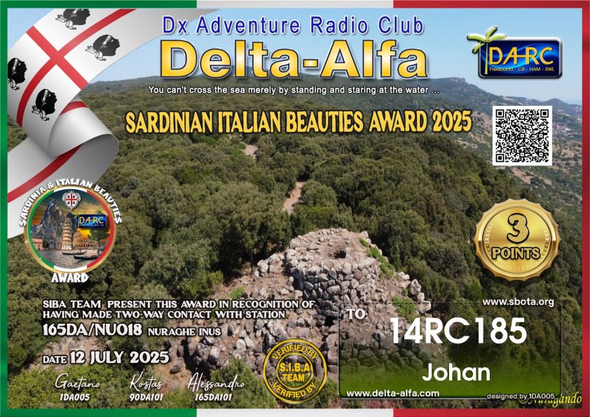 eQSL de 165DA NU018 - Sardaigne 🇮🇹