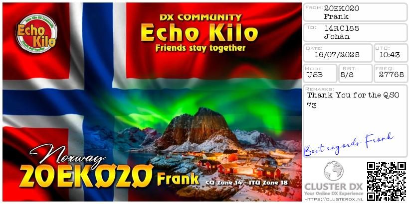 eQSL de 20EK020 FRANCK - Norvège 🇳🇴